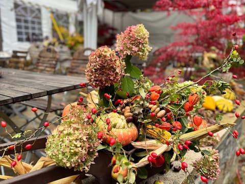 Herbstschmuck auf der Mauer: Kürbisse, Mais, Kastanien und Hortensien