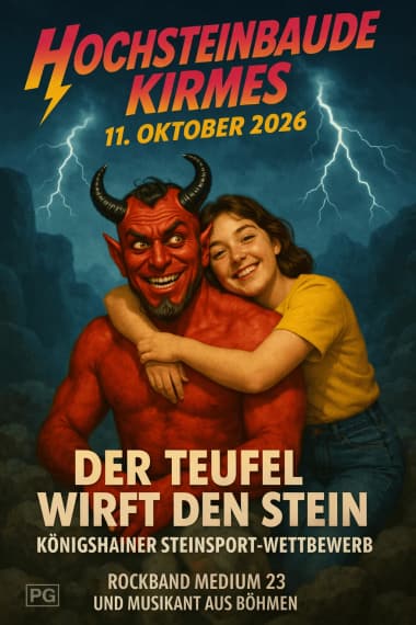 Kirmes-Plakat: Der Teufel wirft den Stein — Hochsteinbaude Kirmes am 11. Oktober 2026